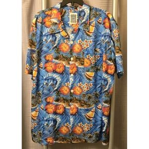 Ocean Current Hawaiian Shirt Mens X-Large Blue Floral Palm Trees Surfing Vintage